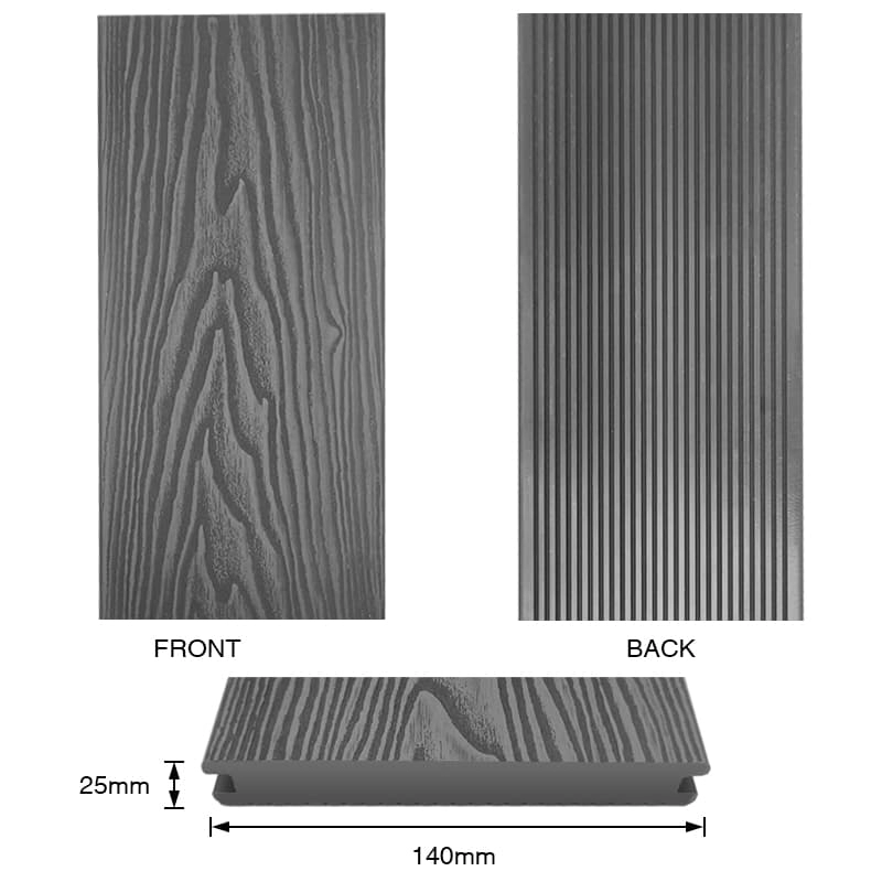 Tercel 140*25mm Grey Solid WPC Exterior Floor DeckING Waterproofing 3D Embossing WPC Decking Boards